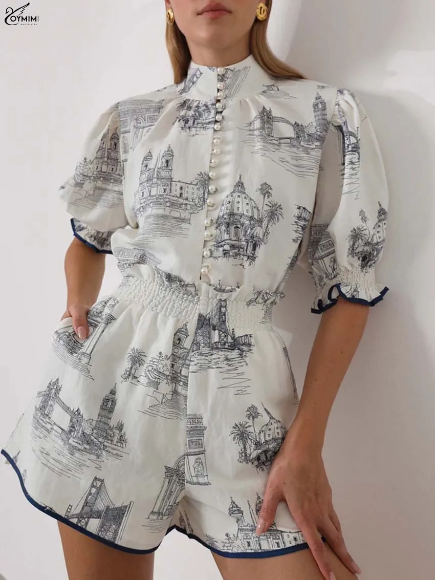 

Oymimi Fashion White Print 2 Piece Sets Woman Outfit Elegant Turtleneck Short Sleeve Button Shirts And High Waisted Shorts Sets