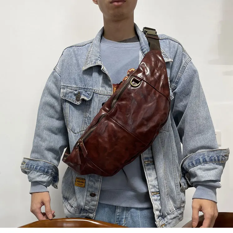 패션 베지터블 태닝 소가죽 남성용 대형 가슴 가방 천연 가죽 숄더백 아웃도어 캐주얼 여행 오토바이 크로스백