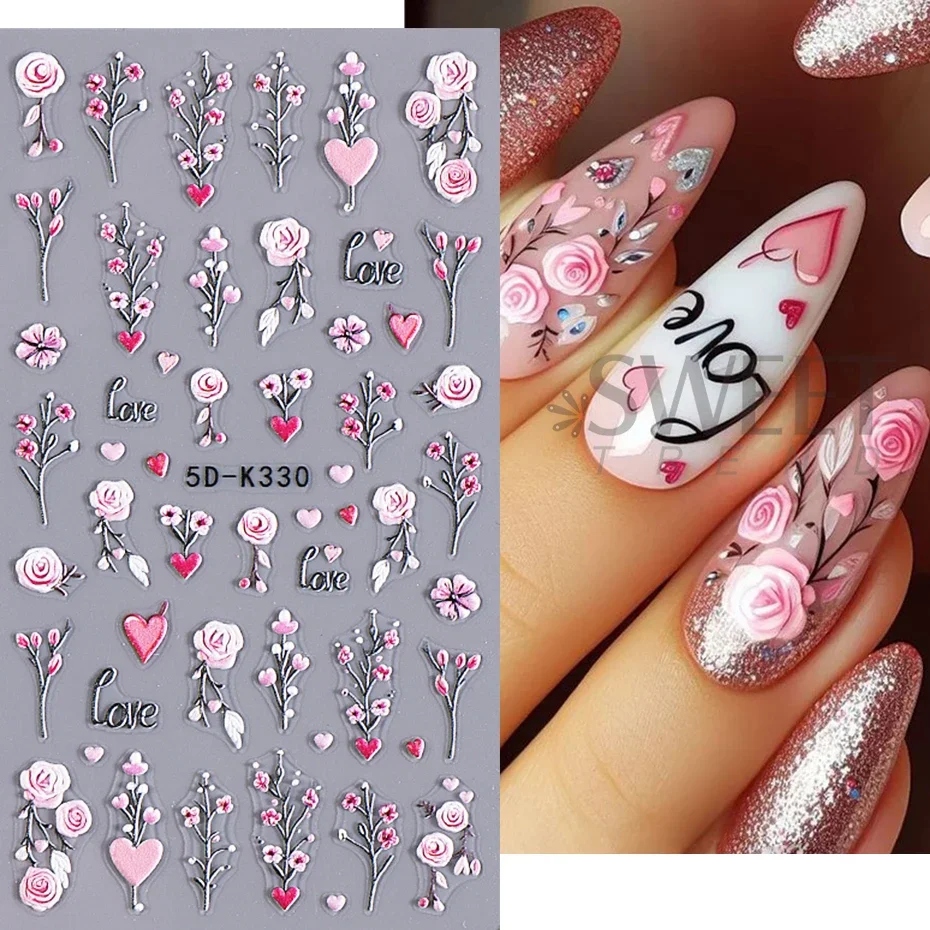 5D Floral Nail Sticker Decals Pink Rose Petal Valentine Design Nail Decals Acrylic Adhesive Gel Nail Sliders Manicure Decoration