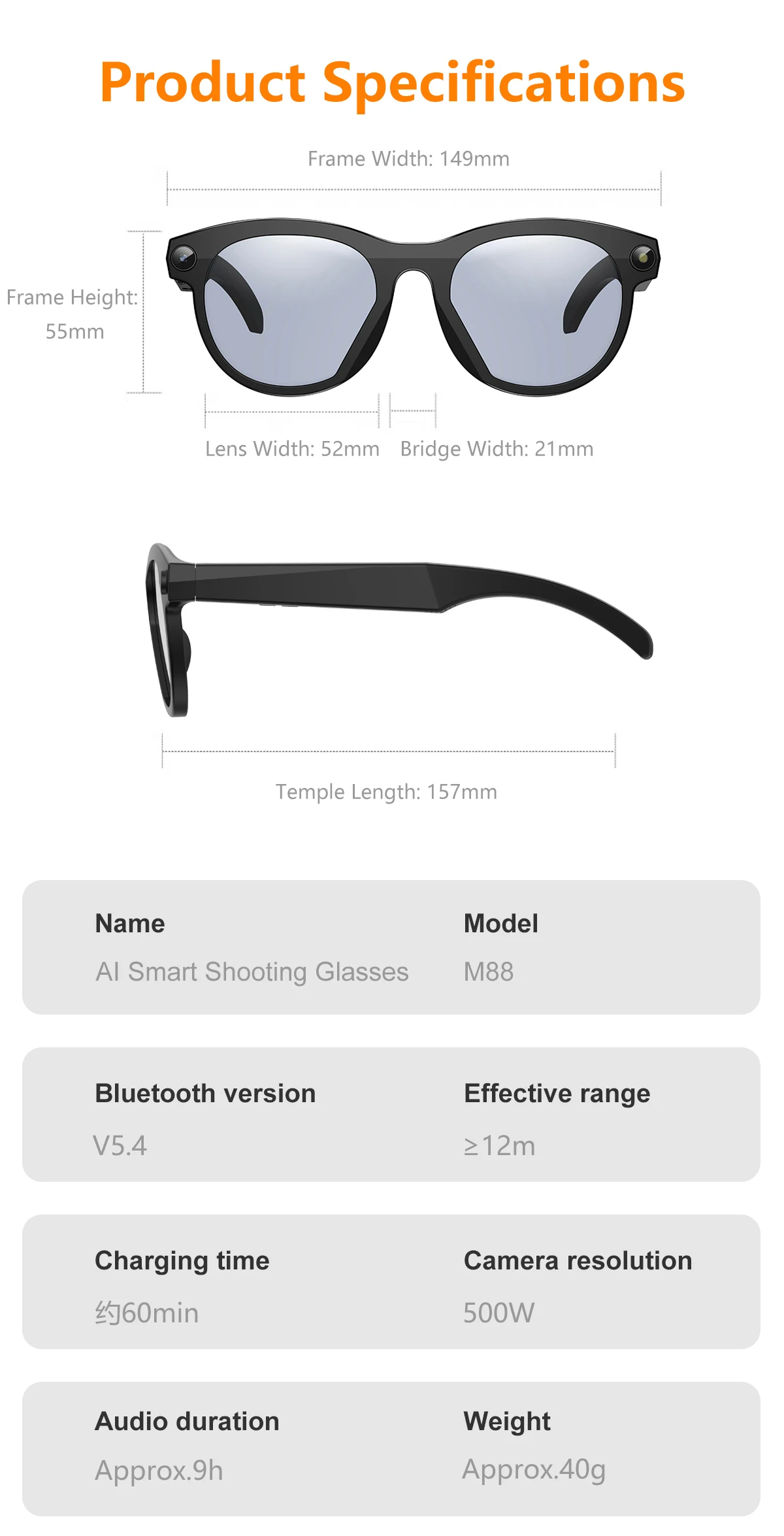 M88 Pro KI-Smart-Brille 5-Megapixel-Kamera Bluetooth EIS-Bildstabilisierung Videoaufnahme und Übersetzung – Detail 14
