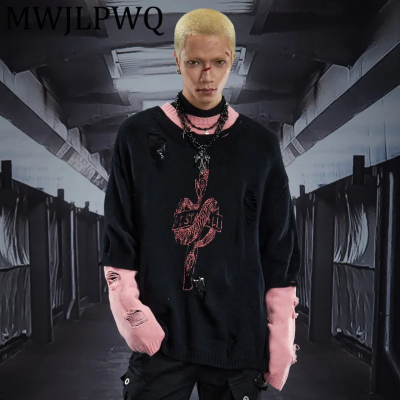 

MWJLPWQ Fake Two-Piece Patchwork Color-Block Frayed Print Sweater Male Round Neck Loose Personality Unisex Knitted Tops 12828