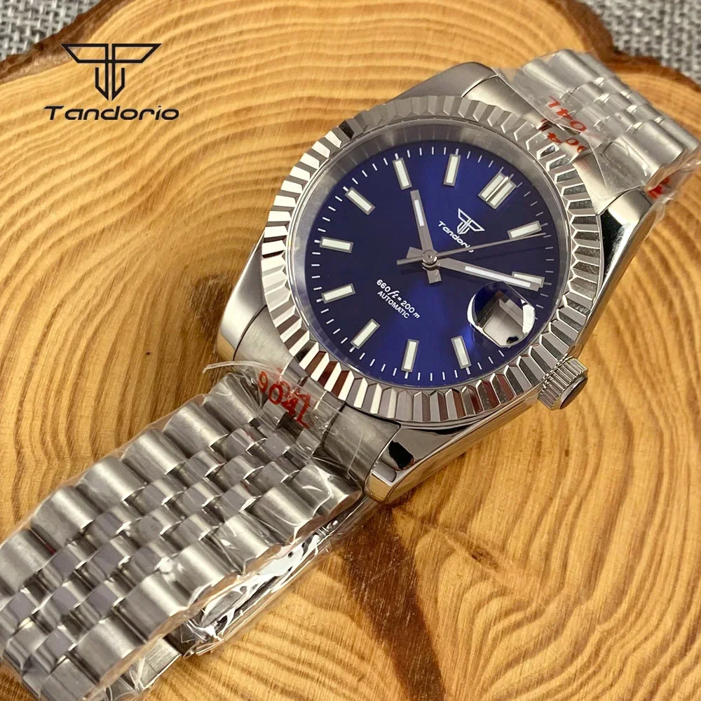Tandorio NH35A 39mm/36mm Relógio Automático Masculino de Aço Inoxidável 316L Data Safira Relógios Mecânicos Sunburst Moldura Canelada Lume
