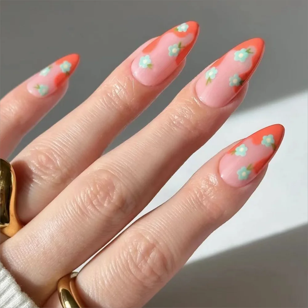

24Pc Middle Water Droplet Shaped French Small Flowers and Orange Splicing Wearable Girls Women Fake Nails Set