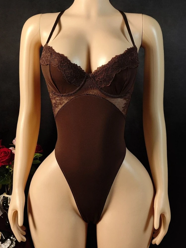 

SsTss Women's Brown Spaghetti Strap Sleeveless Bodysuit Sexy Hollow Out Lace Patchwork Criss-cross Open Back Temptation Lingerie