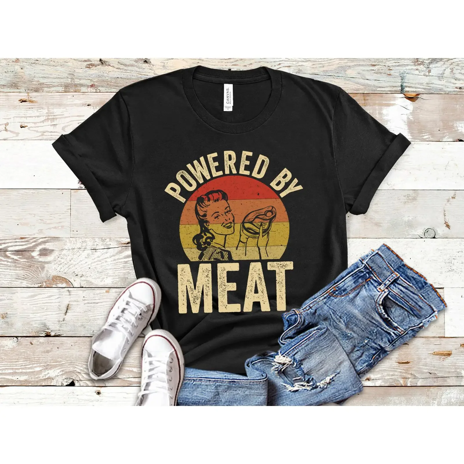 Retro Powered By Meat Carnivore T Shirt Funny Steak Lovers s for Eaters Diet Fans vintage Washed homme designer clothes
