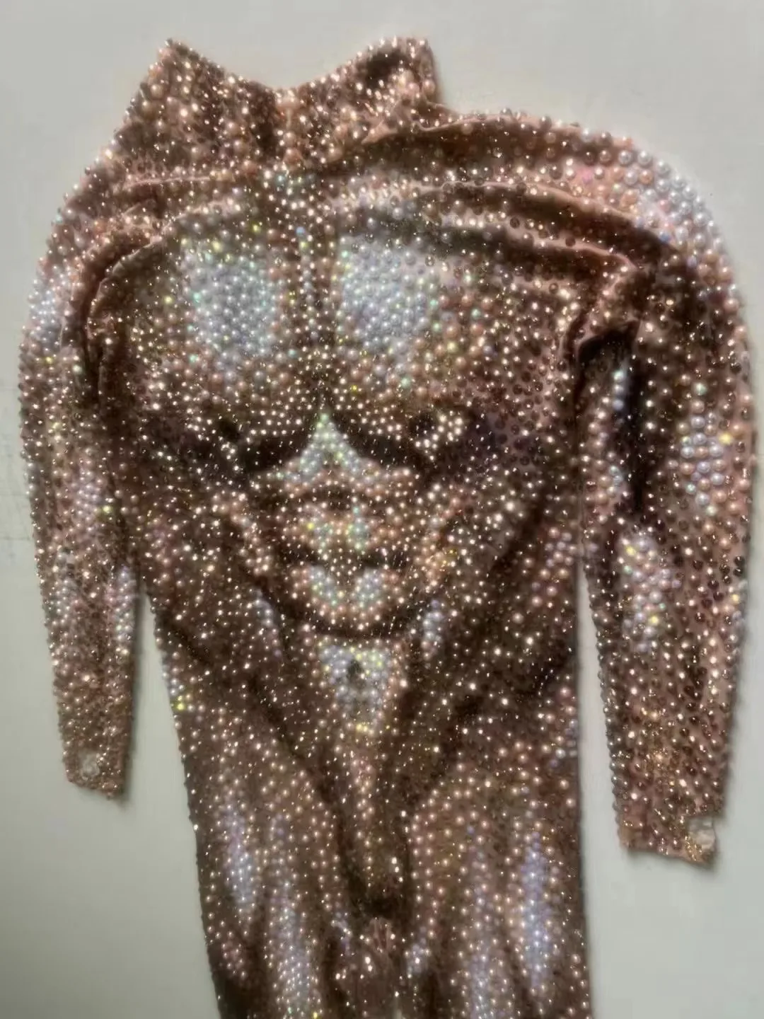 ผู้ชายหรูหราไข่มุก Rhinestones Jumpsuit Elastic Leotard เซ็กซี่ DJ ไนท์คลับชุดเต้นรำเครื่องแต่งกายสวมใส่