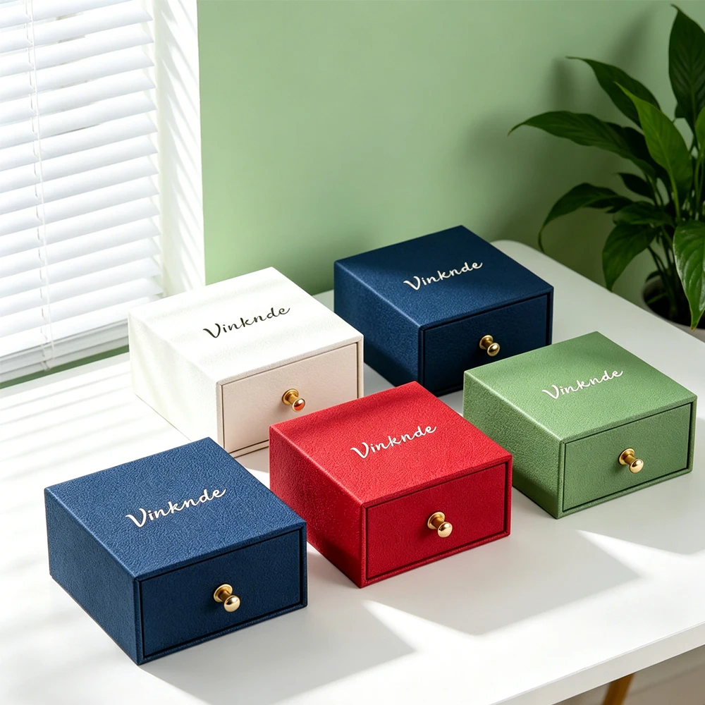 

Custom Drawer Ring Boxes Premium Lychee Pattern Paper Jewelry Gift Box with Soft Velvet Lining Small Storage Case for Earrings