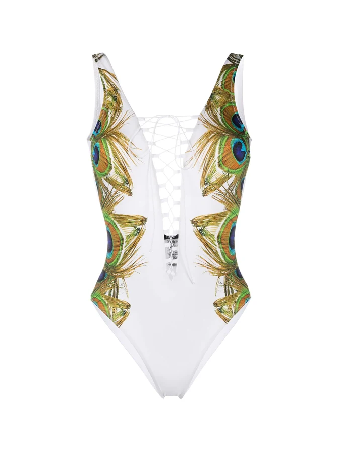 Peacock Feather Print Lace Up One Piece Swimsuit And Cover Up