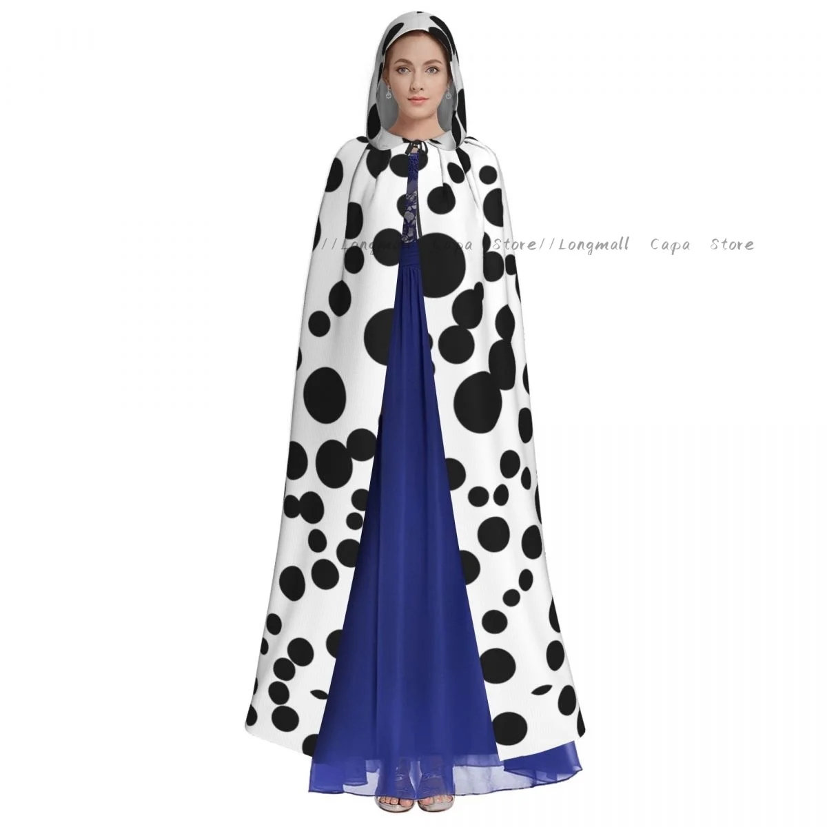 Dalmatians Geometric Polka Dot Hooded Cloak Coat Halloween Cosplay Costume Vampire Devil Wizard Cape Gown Party