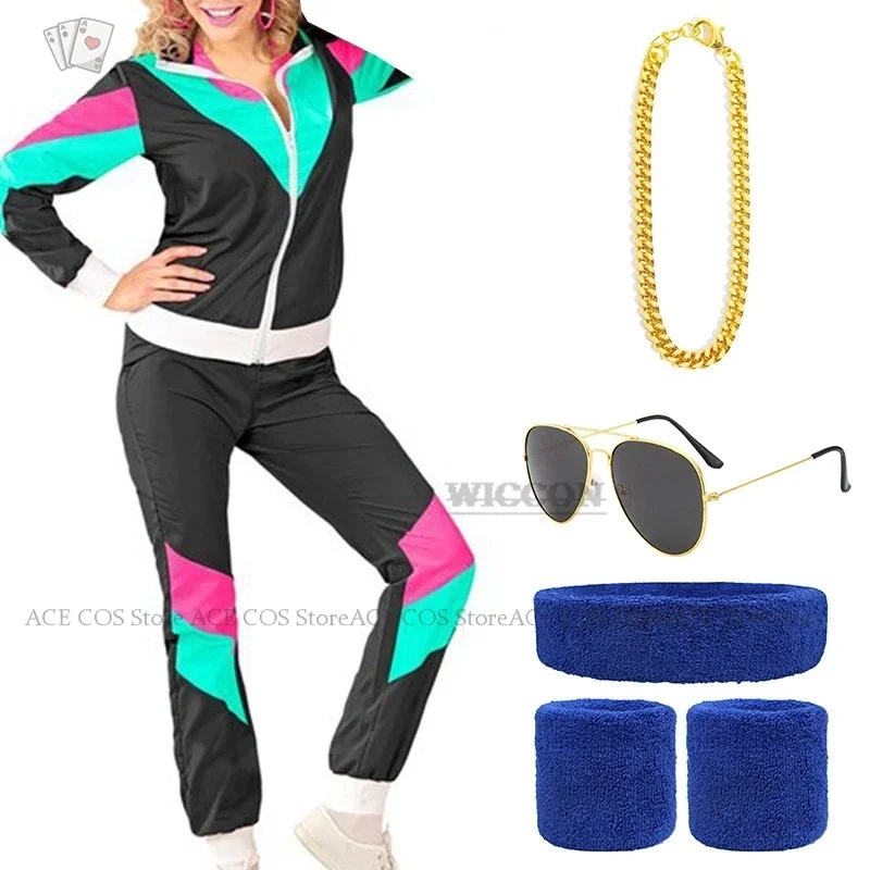 Traje de Cosplay de tendencia Retro, traje de actuación de escenario de los años 80, chaqueta, pantalones, ropa deportiva, gafas de sol, cadena dorada Cos