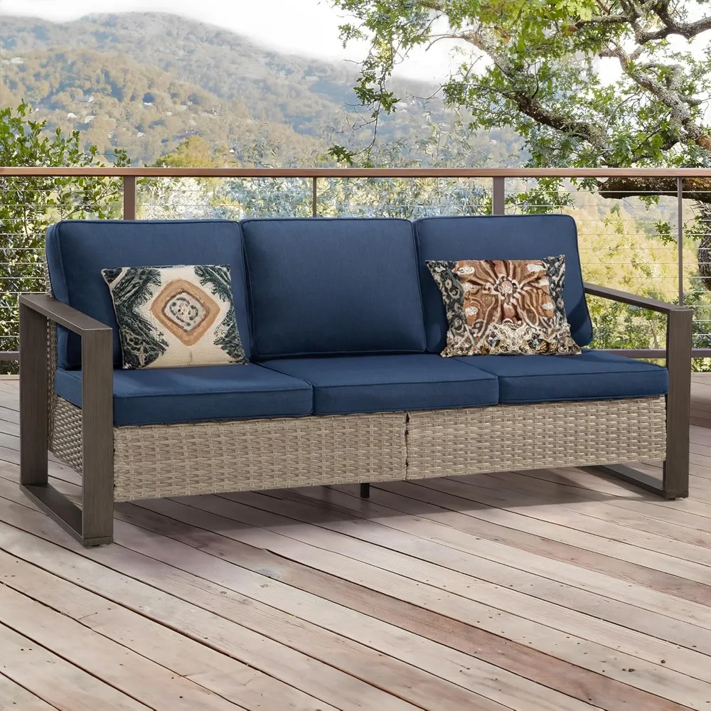

Patio Metal Wicker Sofa, Outdoor Rattan 3-Seat Sofa Couch with Premium Cushions & Rectangular Framed Wood-Looking Metal Armrest