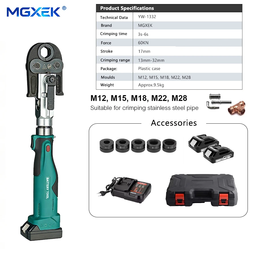 MGXEK Batterij-aangedreven pijpkrimptang, compressiepers voor koperfittingen en meerlaagse PEX-buizen