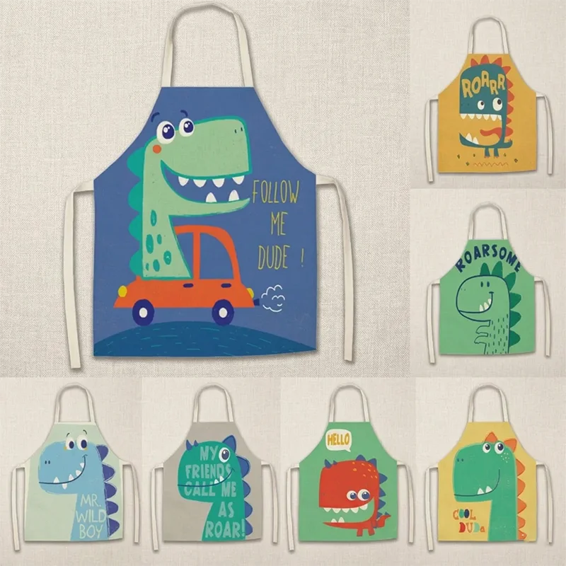 

Cute Cartoon Dinosaur Print Apron Cotton Linen Sleeveless Bib For Kids Women Men Home Kitchen Cooking Baking Painting Pinafore