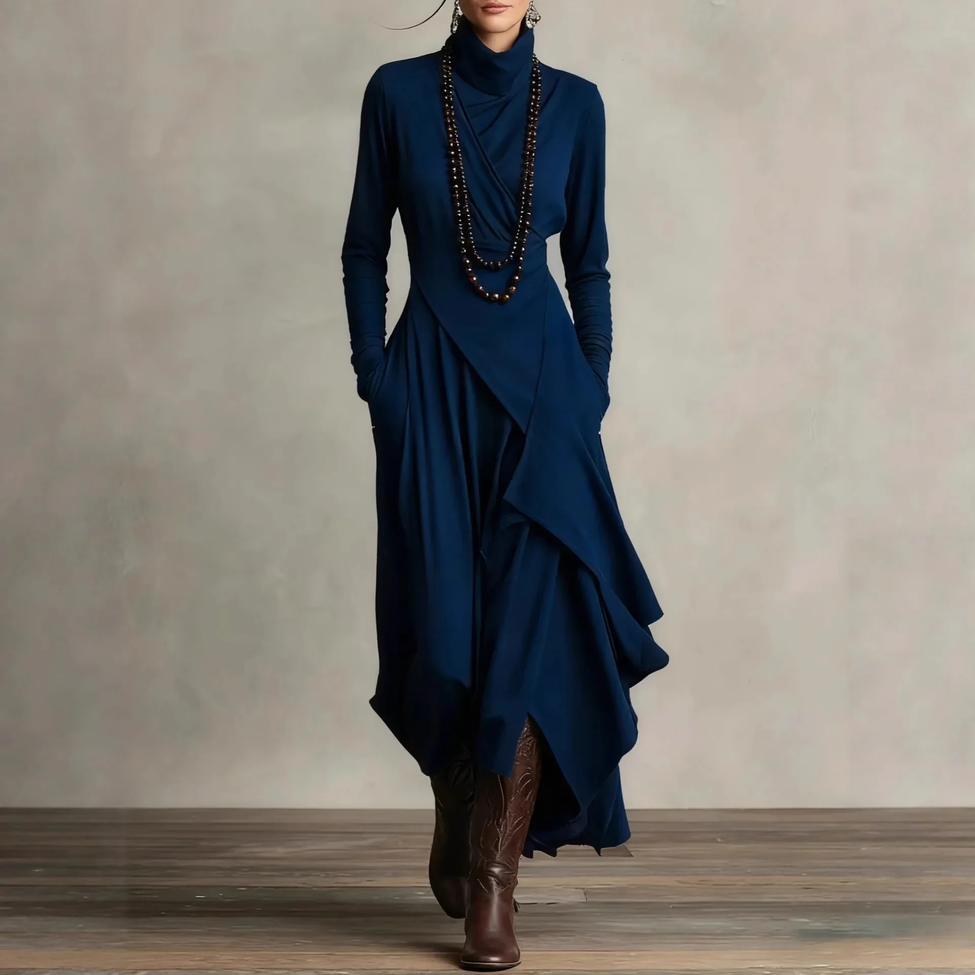 Vintage Irregular Cross Dress for Women Long Sleeve Solid Turtleneck Simple Fashion Casual Spring Holiday Long Dresses