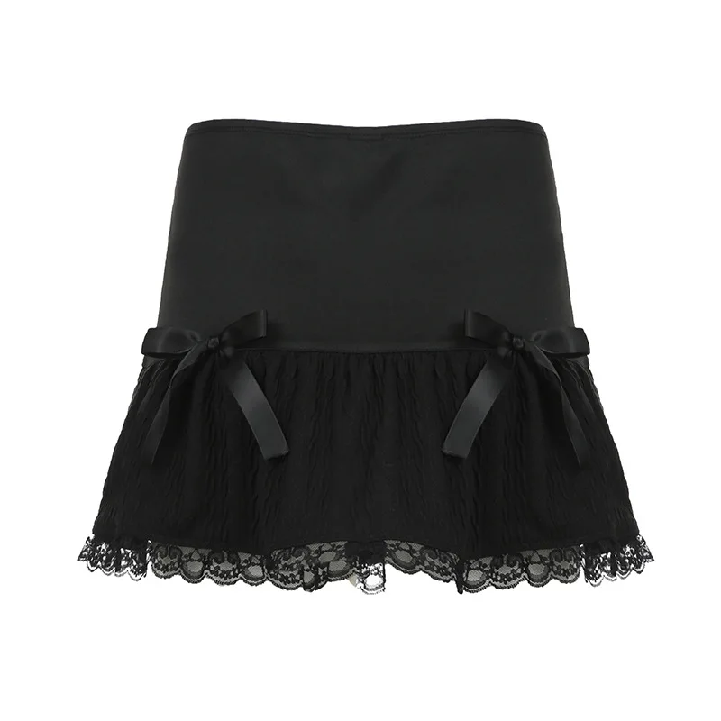 Dark Fashion Design Belted Butterfly Knot Solid Color Wrap Slimming Lace Splice Pleated Short Skirt for Women