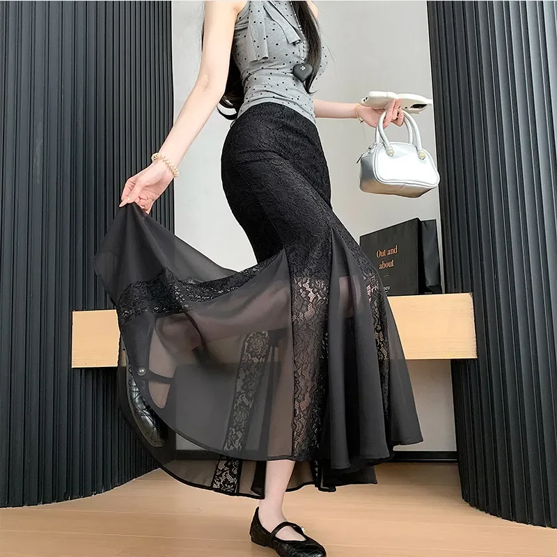 Mesh Stitching Lace Fishtail Skirt Spring and Summer New Design High Waist Irregular A-line Hip Wrap
