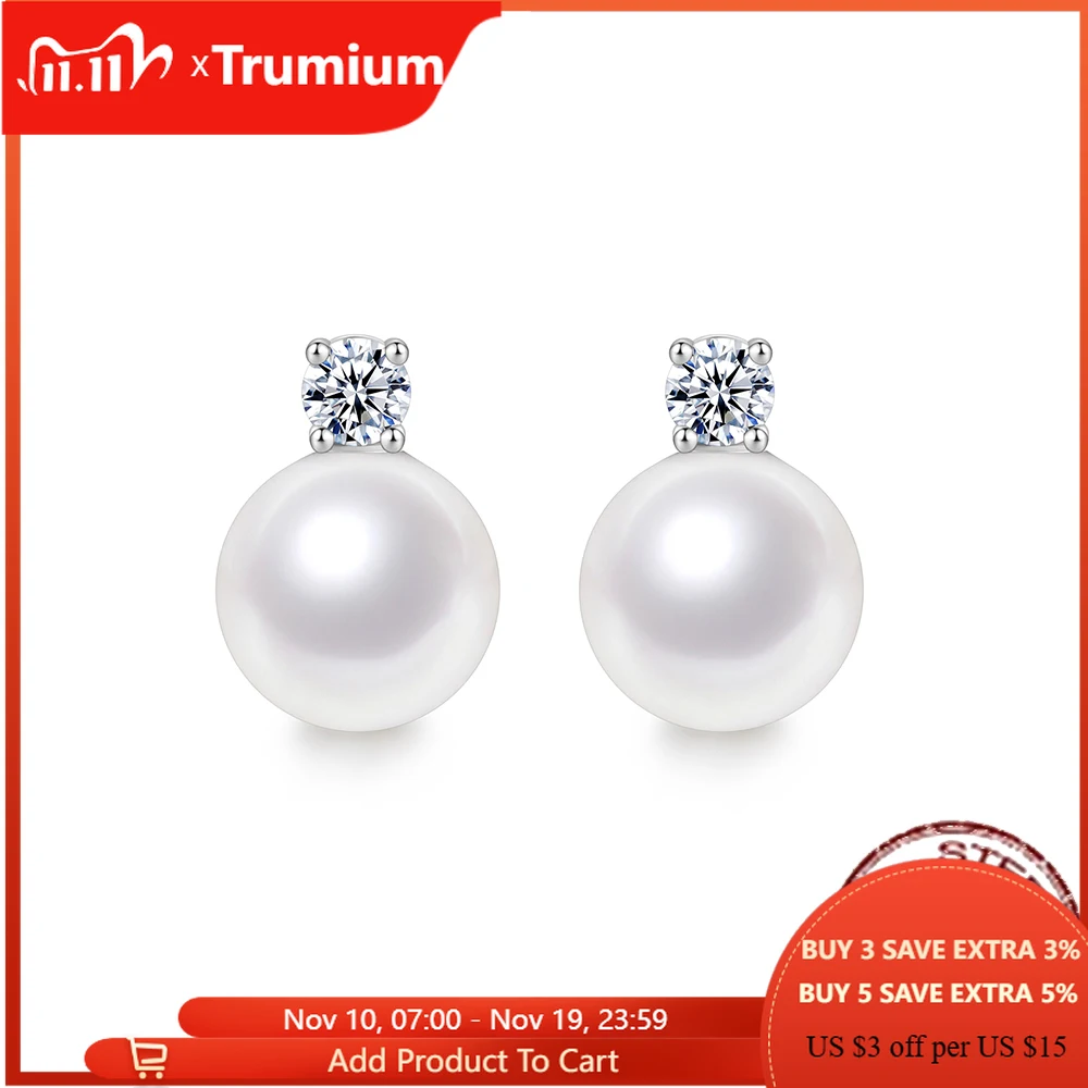 

Trumium 10/12mm S925 Sterling Silver White Pearl Earrings for Women Zircon Stud Earring Fashion Jewelry Sweet Accessories