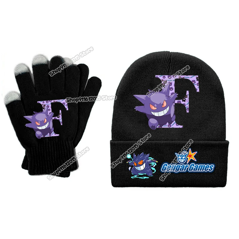 Pokemons gorros para niños guantes traje Gengar letra A-Z mitones tejidos dibujos animados Anime sombrero de invierno niña niño guantes de punto cálidos 2 uds