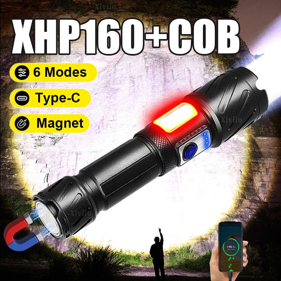 

Самый мощный светодиодный фонарь XHP160, суперяркий перезаряжаемый тактический фонарь для улицы с большой апертурой и COB-подсветкой