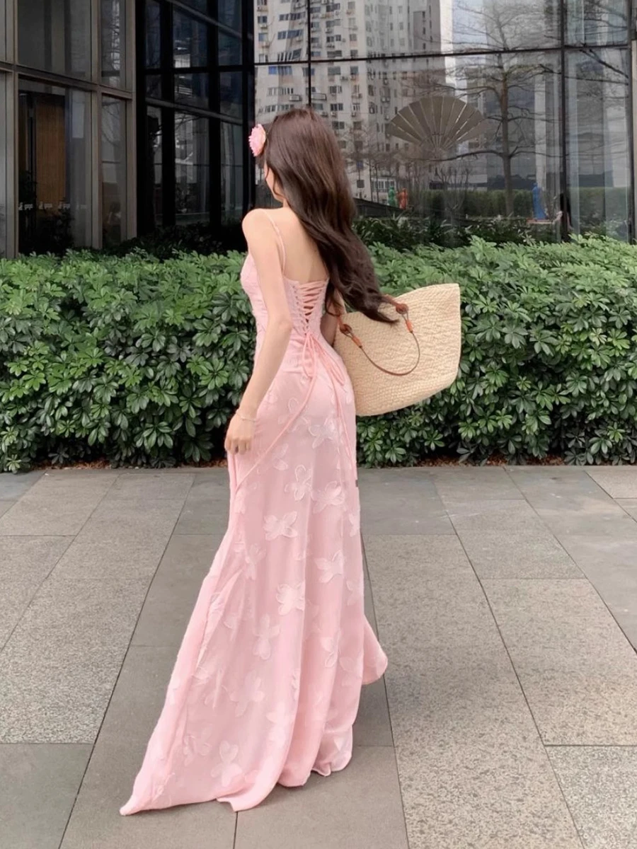 ReddaChic Abito lungo maxi da donna strutturato con fiori ricamati, cinturino per spaghetti, vestibilità svasata, abito da festa con lacci, abiti da sposa