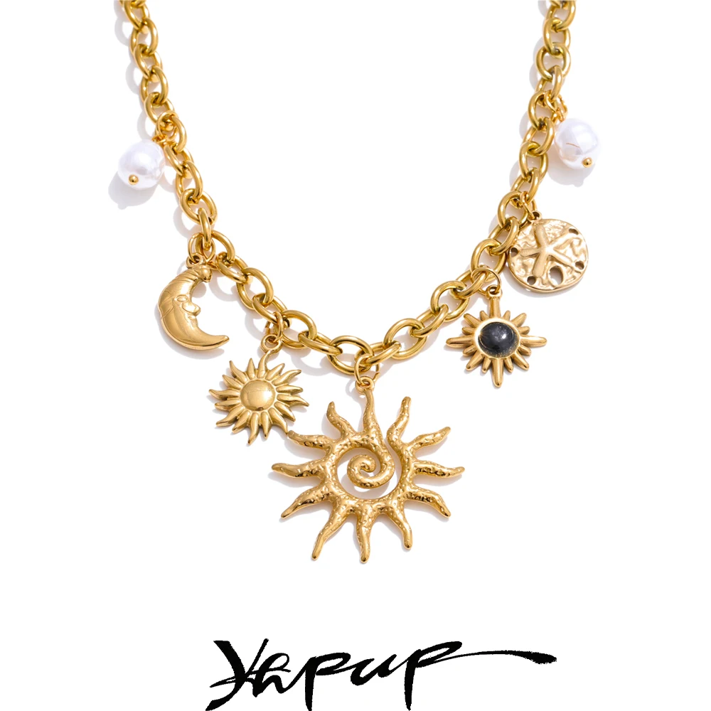 Yhpup Trendy Starfish Moon Sun Shaped Pendant Charm Necklace Statement Stainless Steel Golden Chain Fashion Jewelry PVD Plated