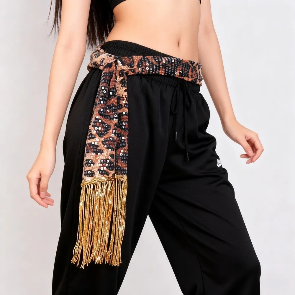 Cool Hip-hop Leopard Print Sequin Scarf Streetwear Harajuku Street Dance Belt Y2K Hip-hop Waistband Jeans Decor