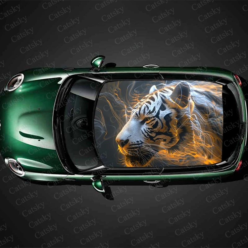 

Majestic Tiger With Fire Car Roof Sticker Wrap Racing SUV Accessories Packaging Painted PVC Custom Car Graphic Decal