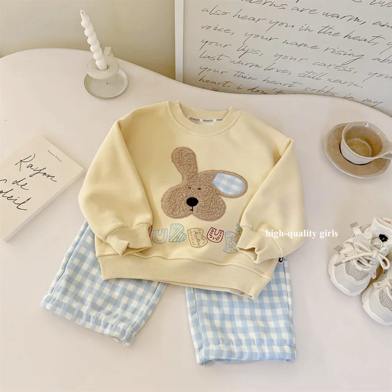 

2024Autumn and Winter Embroidery Rabbit for Boys and Girls Brushed Hoody Plaid Pants Fashion All-Matching Baby Girl Suit Fashion