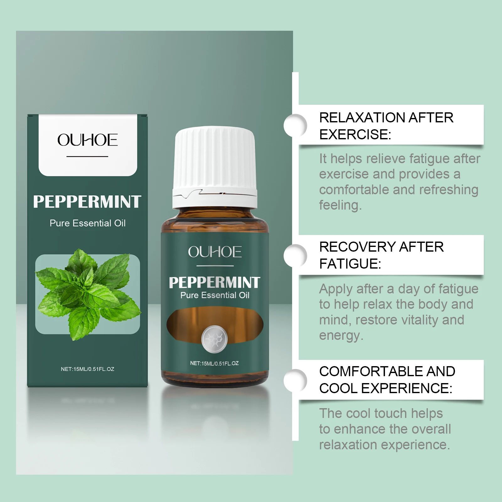 OUHOE Peppermint Pure Essential Oil - Cool Sensation, Relax Body & Mind, Muscle Relief, All Skin Types, Multifunctional Use