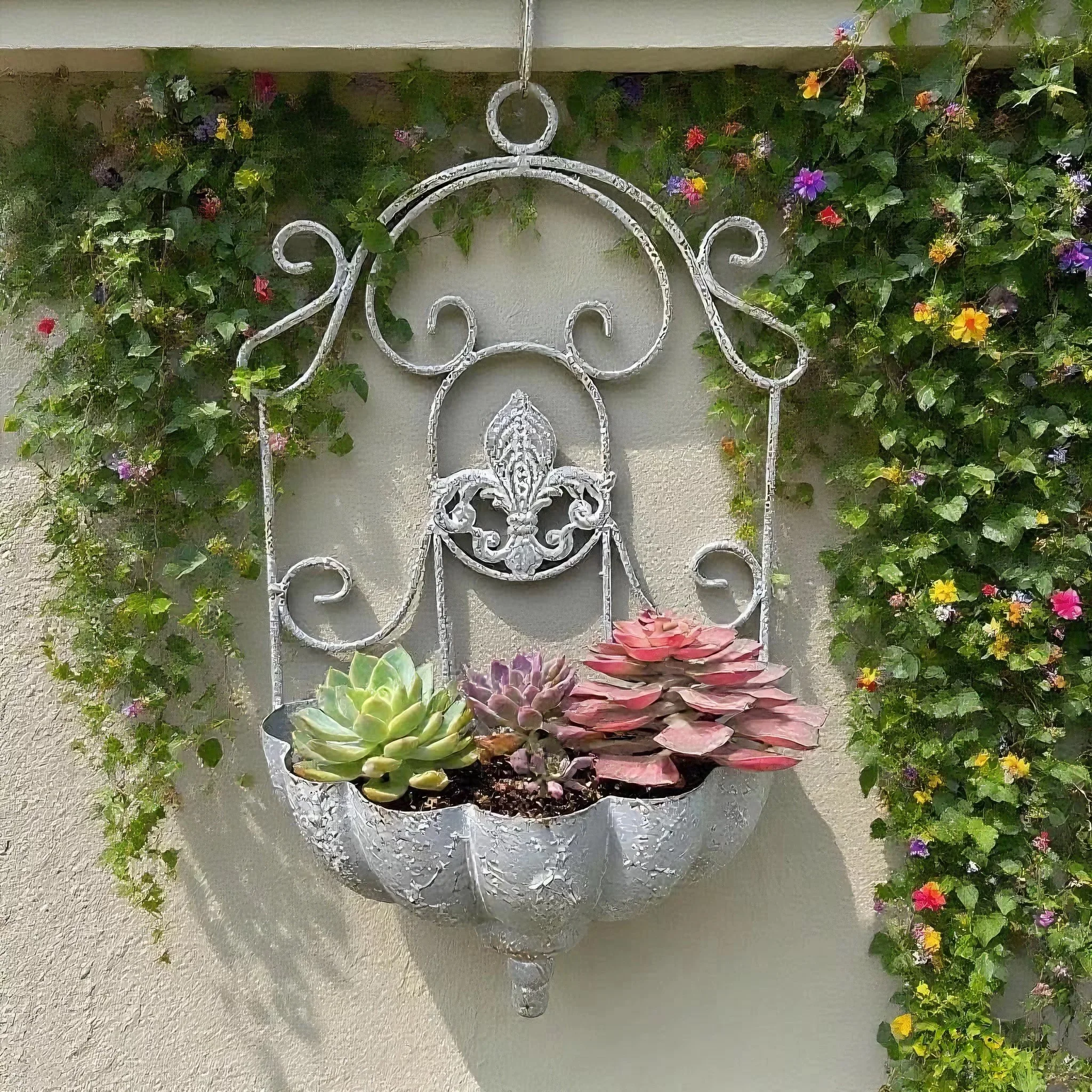 Wall Mounted Planter, White Metal Iron, Vintage French Scrollwork with Fleur-de-Lis, Distressed Finish, 18.7 Inch Height