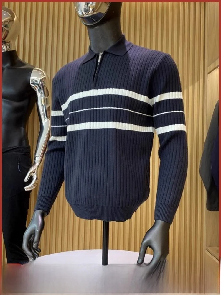

Comfortable Men's Knitted Sweater Stripe f Zipper Collar Casual Faion Autumn Wear Soft Polyester Nylon Blend Long Sve