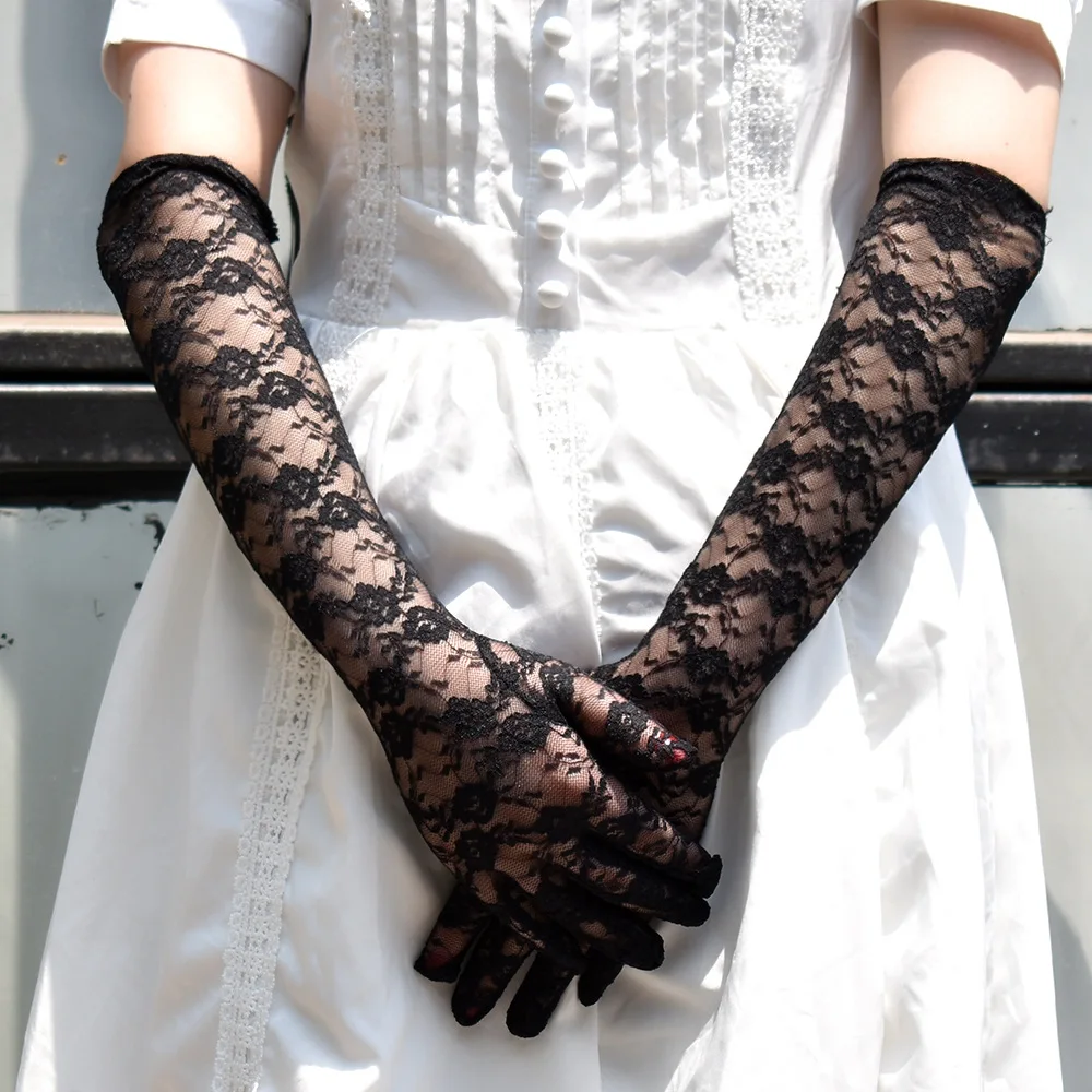 Women See Through Floral Lace Long Gloves Black White Red Sexy Elbow Length Mittens Party Evening Gloves Accessories