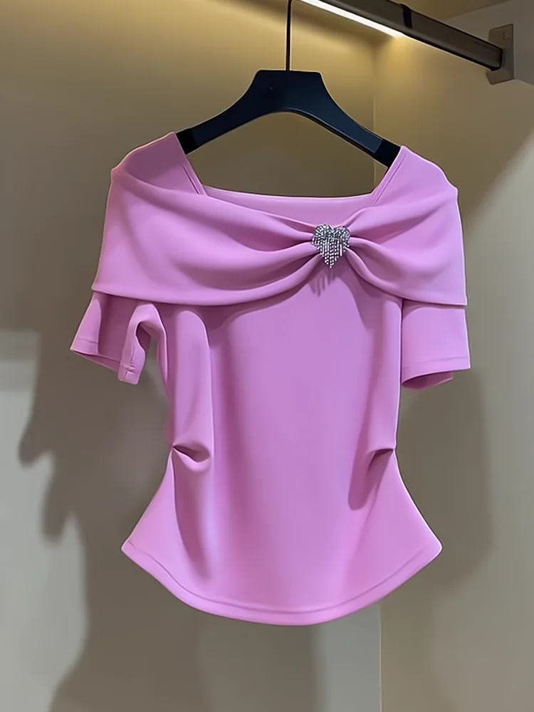 

Faionable Summer 2025 Women's ort Sve T-irt Gtuq Brand Commute Sle Korean Version Folded oulder Waist-Cinching Top