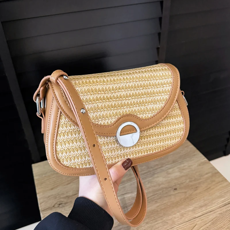 

Designer Woven Handbag 2026 New Summer Boho Beach Shoulder Bag For Women Fashion Straw + Pu Leather Bag Lady Underarm Purse