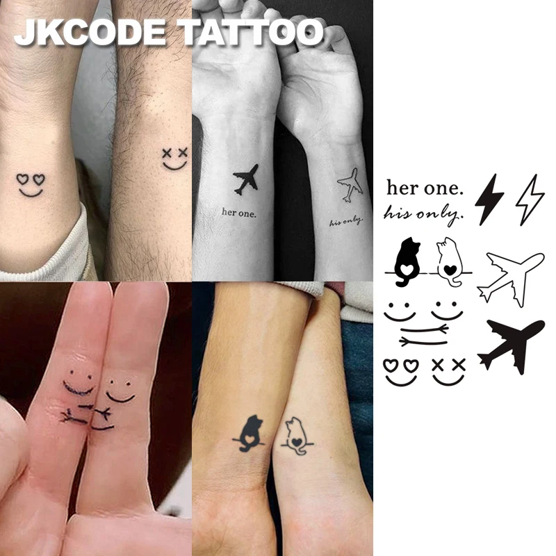 MINIMAL TATTOO Herbal Finger Couple Confession Tattoo Stickers INS Style CUTE Design-INS Smile Hug- Lightning Plane Kitten “her one - his only” Elegant Style Quirky Cute Tattoo Fashionable Girl Accessories Women's Finger Hand Neck Tattoo Long-lasting Waterproof for 15 Days