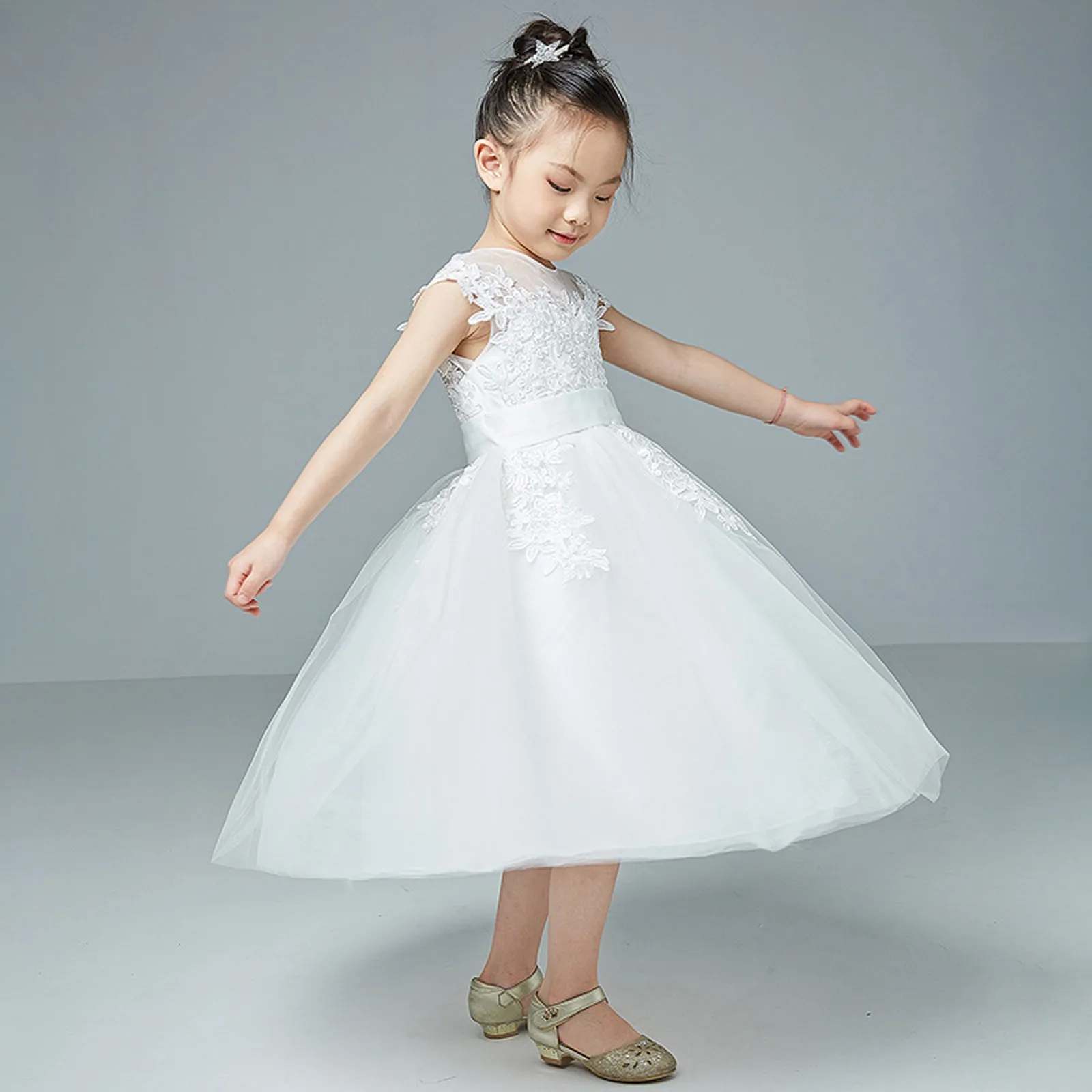 White Wedding Junior Bridesmaid Dress Floral Embroidery Lace Tutu Princess Dress Girls Kids Party Children Clothing For Girl