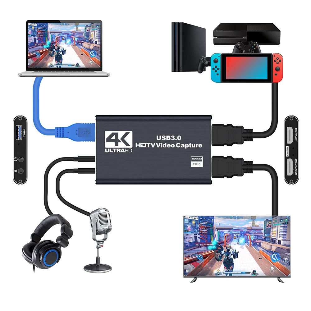 

USB 3.0 4K HDMI-совместимая карта захвата 1080P 60FPS аудио-видеомагнитофон Grabber карта захвата игр работает для PS4/камеры/переключателя/ПК