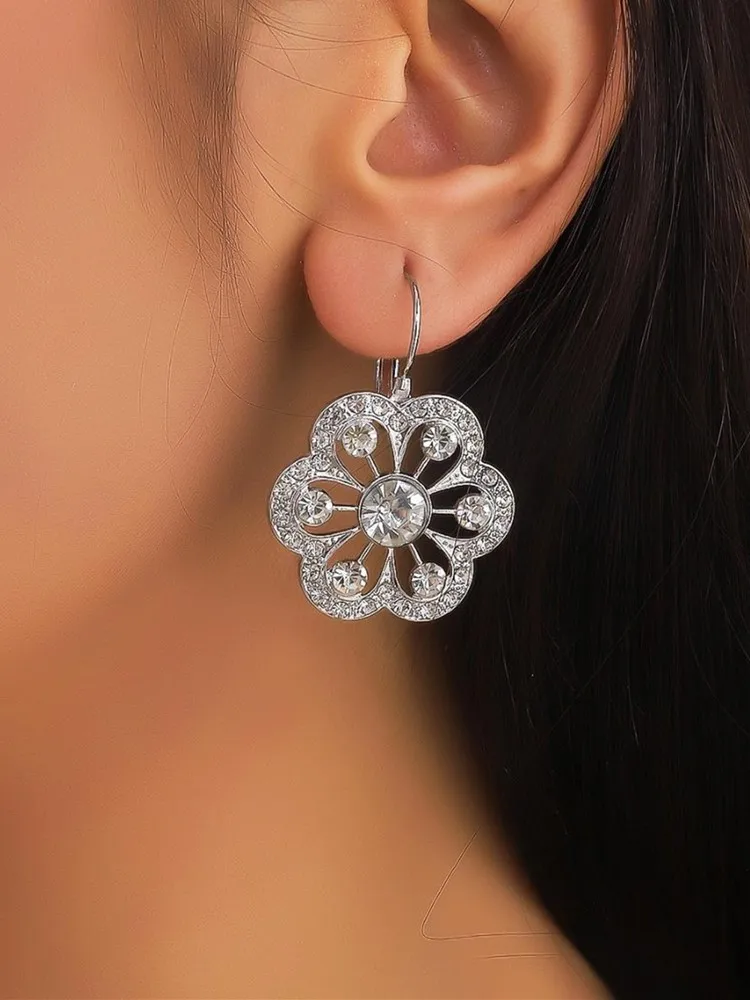 ORZTOON Fashion Retro Ear Hooks Silver Inlaid Rhinestones Plum Blossom Earrings Simple Circular Flowers Exquisite Jewelry