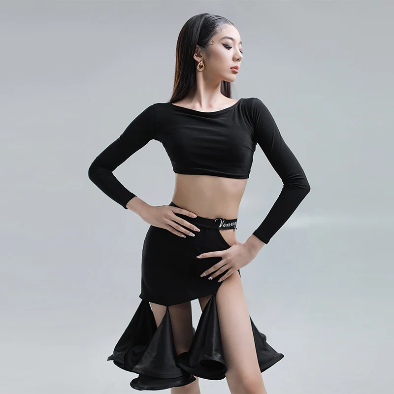 

Latin Dance Costume Adult Women Competition Wear Black Long Sleeve Tops Irregular Skirt ChaCha Performance Clothing VDB8112