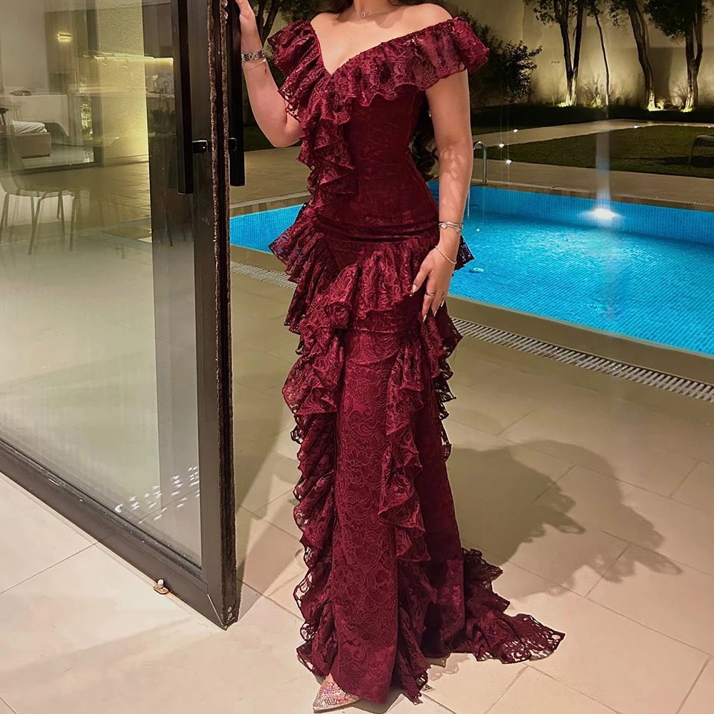 

Customized Classic V-Neck Off the Shoulder Lace Pleats Evening Dress Graceful Straight Short Sleeves Party Gown платье вечернее