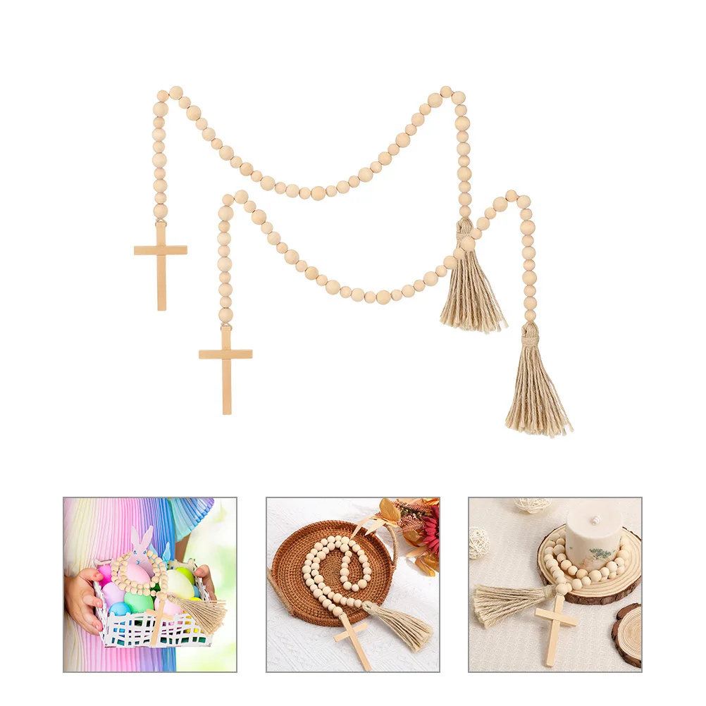 

2Pcs Wood Bead Garland Beaded Pendant with Tassel Charm Natural Rustic Decor for Table Hanging Coffee Bar Sign Festival