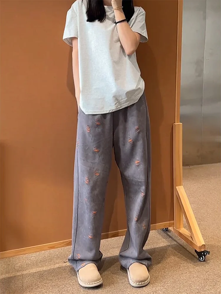 

Американские женские брюки Color Blo Hole Knife: свободные прямые брюки-сабля с широкими штанинами, из плотного хлопка, с высокой талией, для спорта и повседневной носки