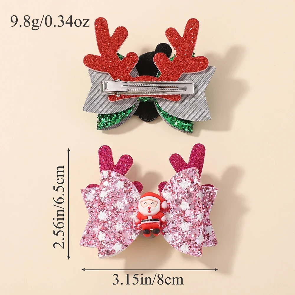 2pcs Glitter Christmas Kids Bows Hairpin for Girls Antlers Printed Fabric Ponytail Clips Christmas Holiday Prom Hair Accessories