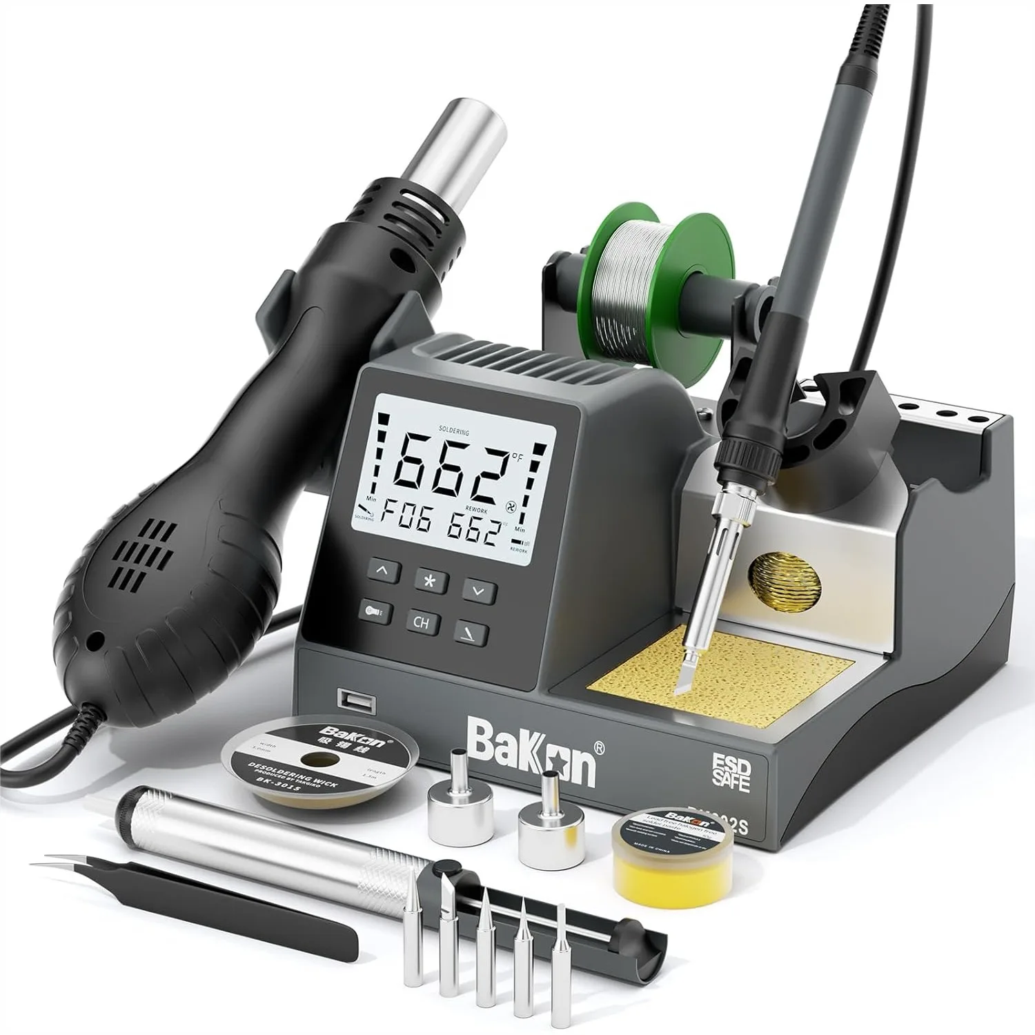 

2-in-1 Soldering Iron Hot Air Rework Station, Digital Soldering Station Kit for Electronic DIY, Rapid Heat Up, Auto Sleep, ºC/ºF
