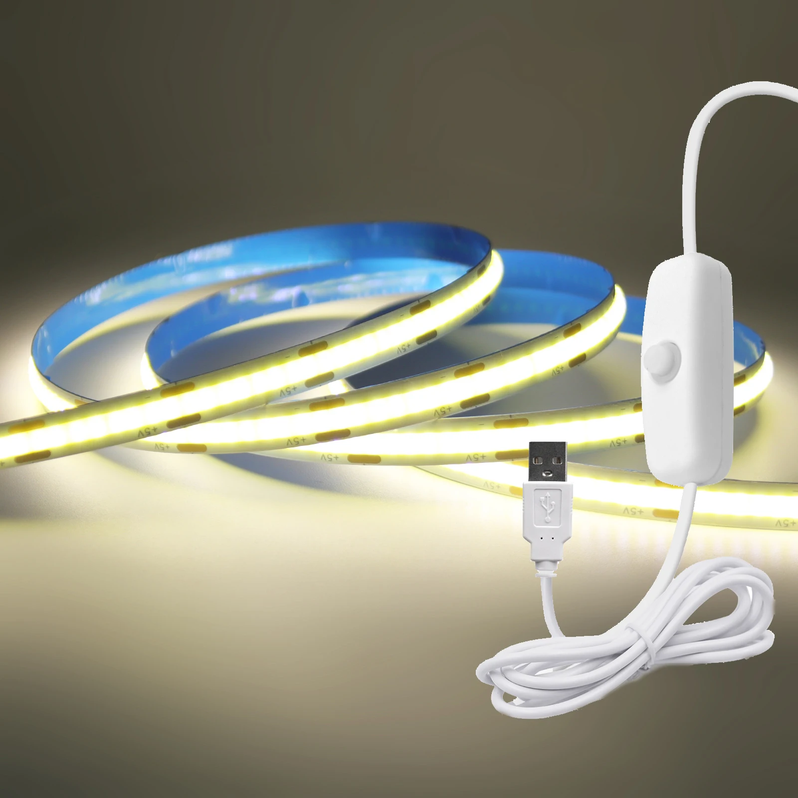 0,5m/1m/2m/3m/5m COB LED-Streifen mit 1,5M EIN/AUS-Schalter 5V USB LED-Lichtband 320LEDs/m Flexibles Klebeband für Zimmer