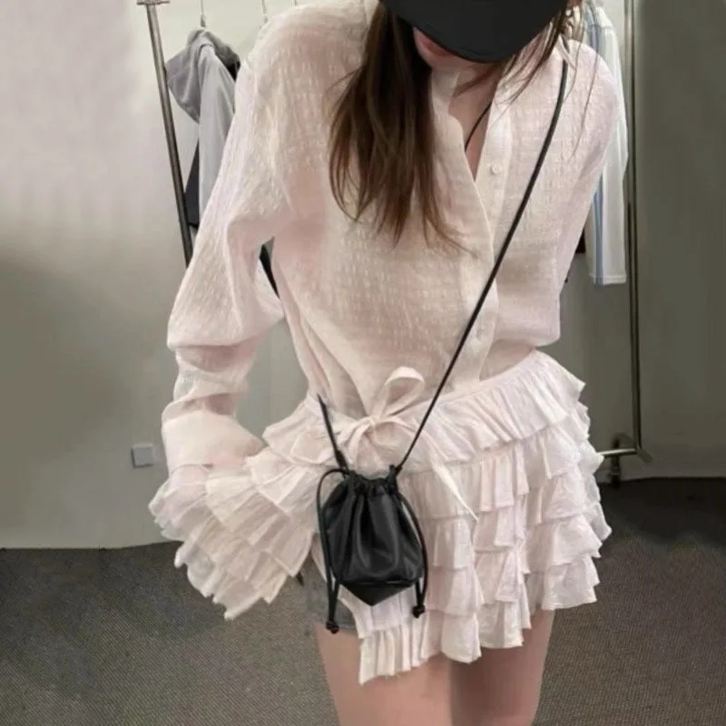 HKSH Summer New Women's Elegant Sweet Sheer Sunproof Long Sleeve Thin Shirt Trendy Layed Pleated Mini Skirt Two-piece Set HK7657