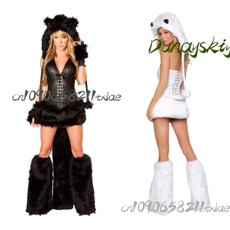 Fursuit en peluche chat noir et blanc pour femmes, Costumes de Cosplay Sexy Kawaii, chapeau Y2k, haut, jupe, gants, couvre-jambes, fête d'halloween
