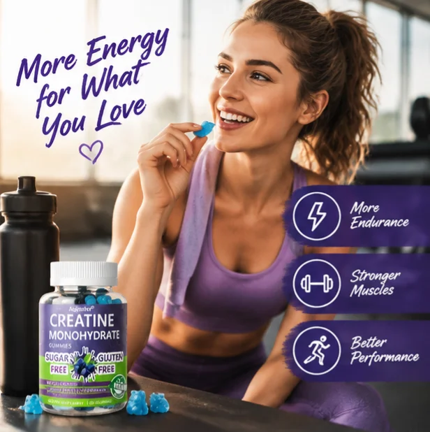 Creatine Monohydrate Gummies Sugar Free Gluten Free Vegan Blueberry Flavor Muscle Growth Athletic Performance 60 Count