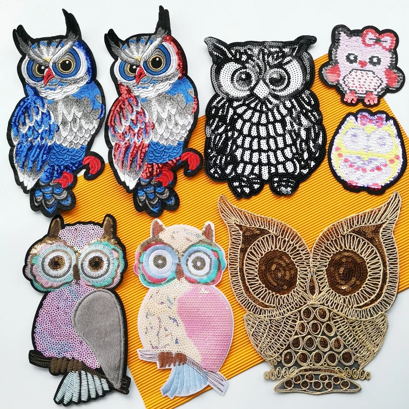 

embroidery sequined owl patches,owls badges,bids appliques DIY accessory patch WF228731