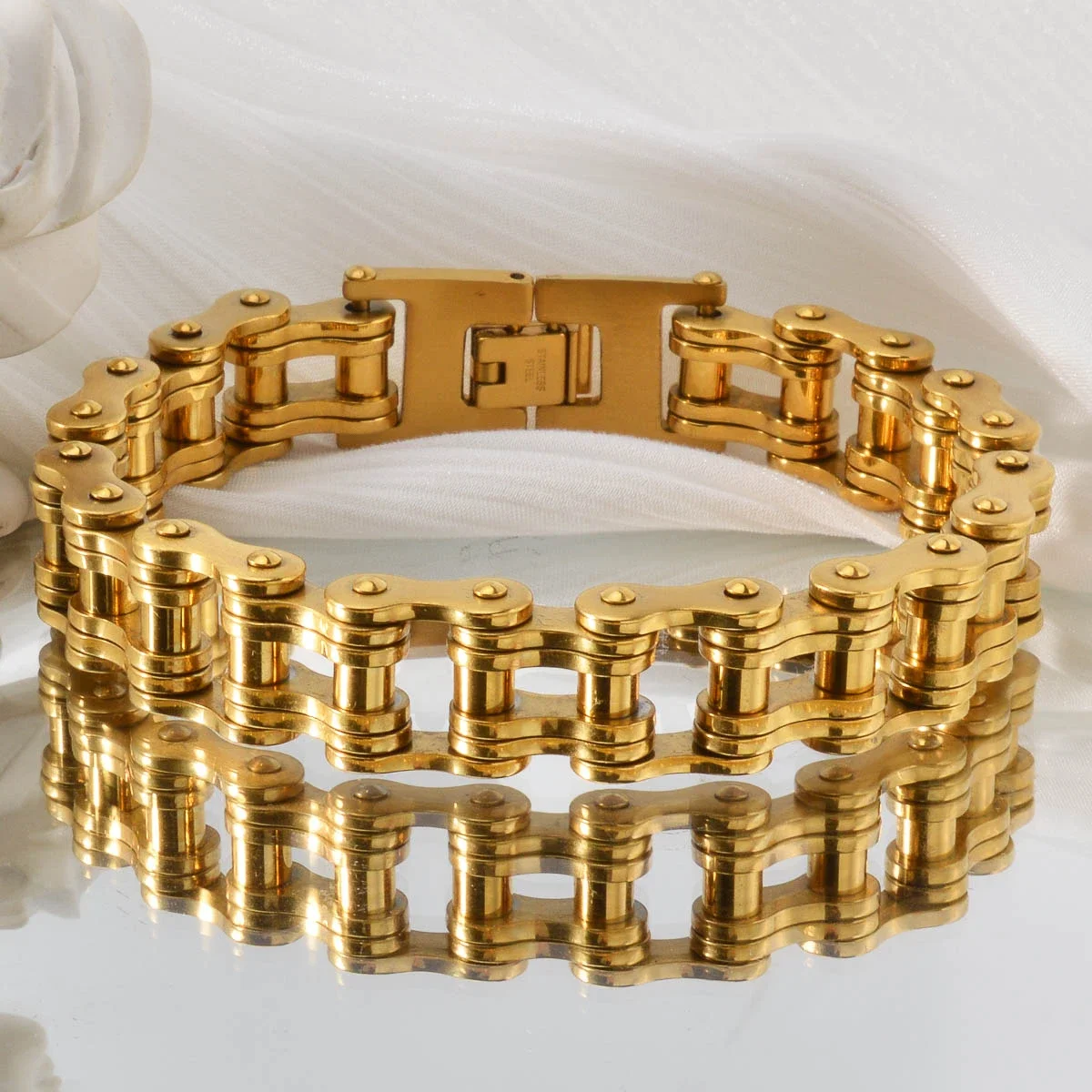 

Gold Plated Stainless Steel Mechanical Chain Bracelet Industrial Luxury Jewelry Unisex Valentine Gift Birthday Anniversary Gift